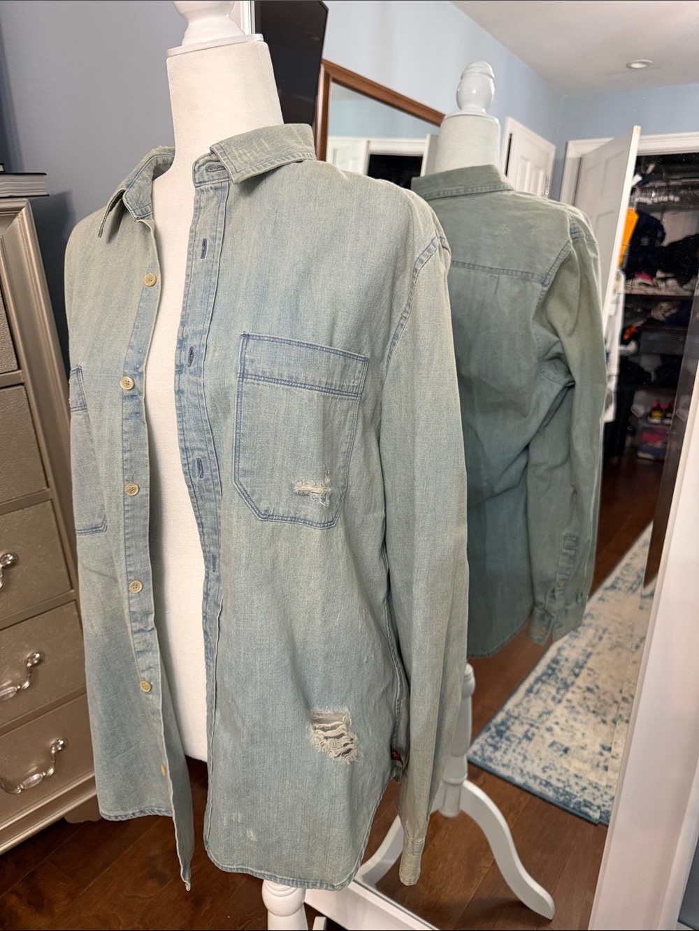 7 For All Mankind Light Blue Distressed Denim Button-Down Shirt